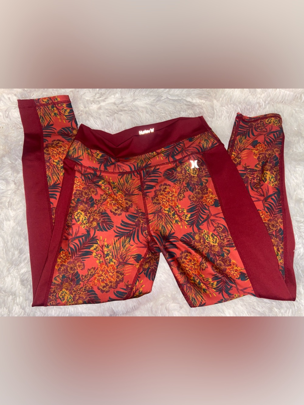 Hurley Coral Floral Leggings with Maroon Side Panels